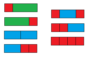 seven tiles colored red, green and blue