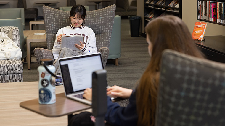 Two students studying in Meyer Library. One student is using a laptop, the other student is writing in a notebook.