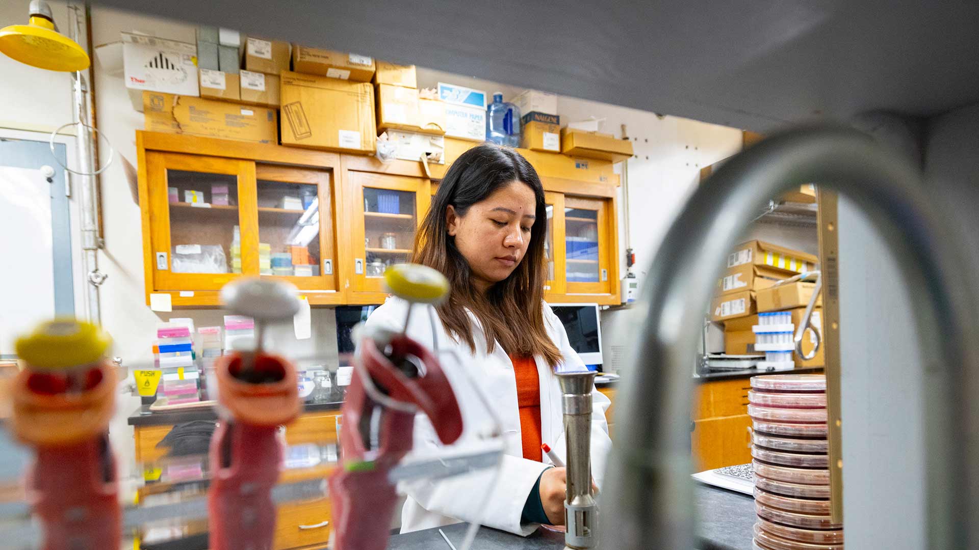 A scientist working in a lab on campus.
