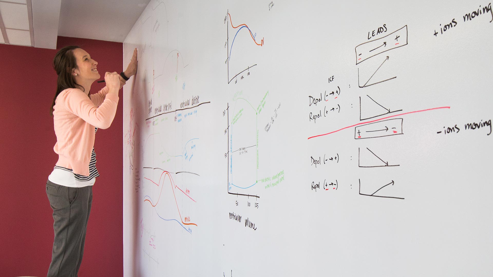 A student stands on a chair to write math problems and data on a large dry eraseboard.